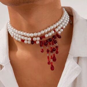 Vampire Pearl Choker with Blood Red Crystal Drops Gothic Halloween Necklace